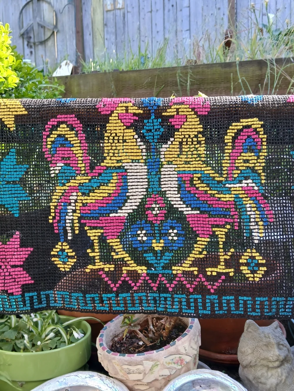 Vintage 1940s Textiles Roosters Hand Made WovenWall Hanging Table Top